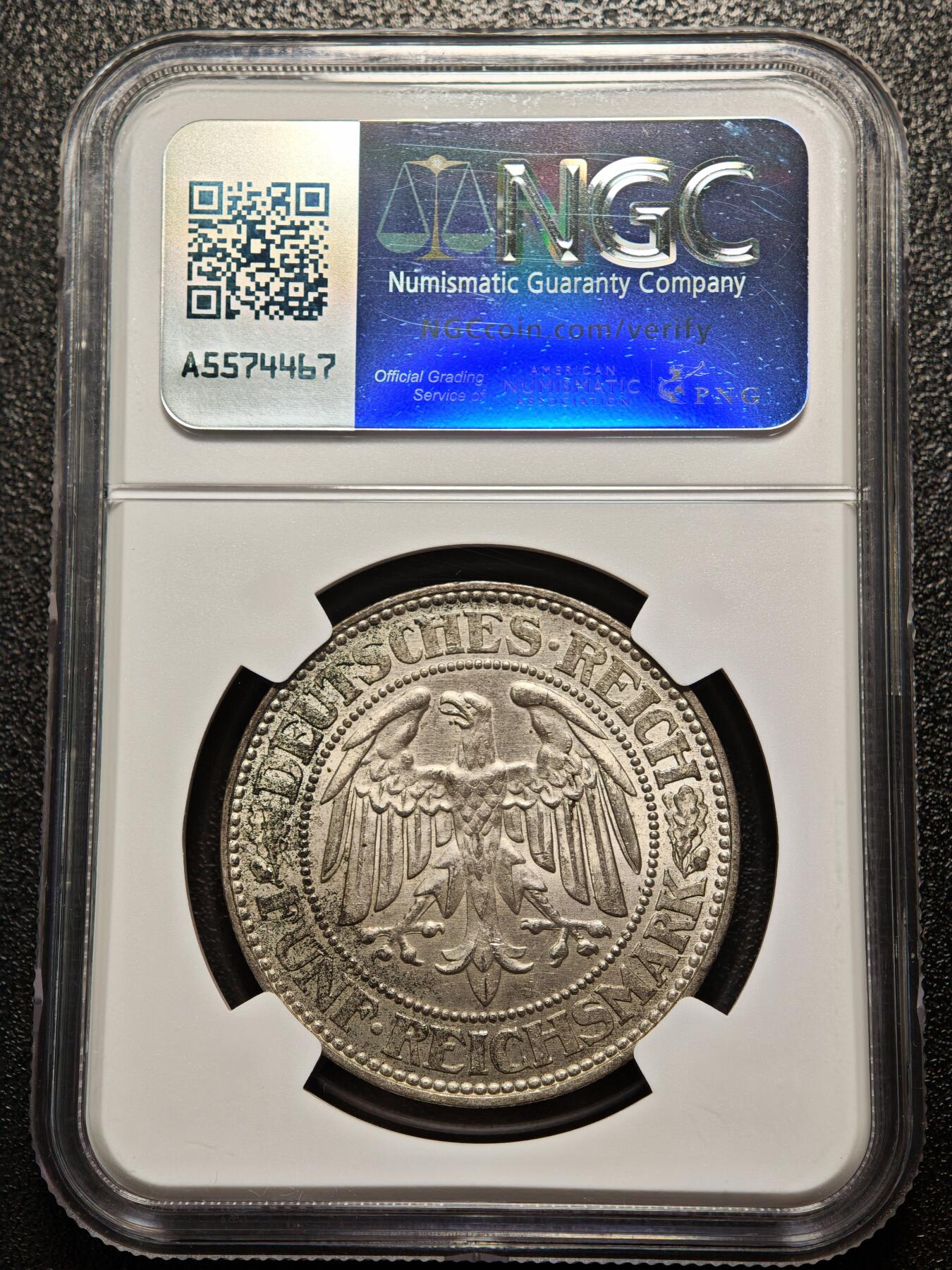 【德藏】世界币章拍卖第158期（拍品征集中~欢迎藏友联系） 1929年 德国魏玛橡树5马克大银币 NGC MS64 状态极佳