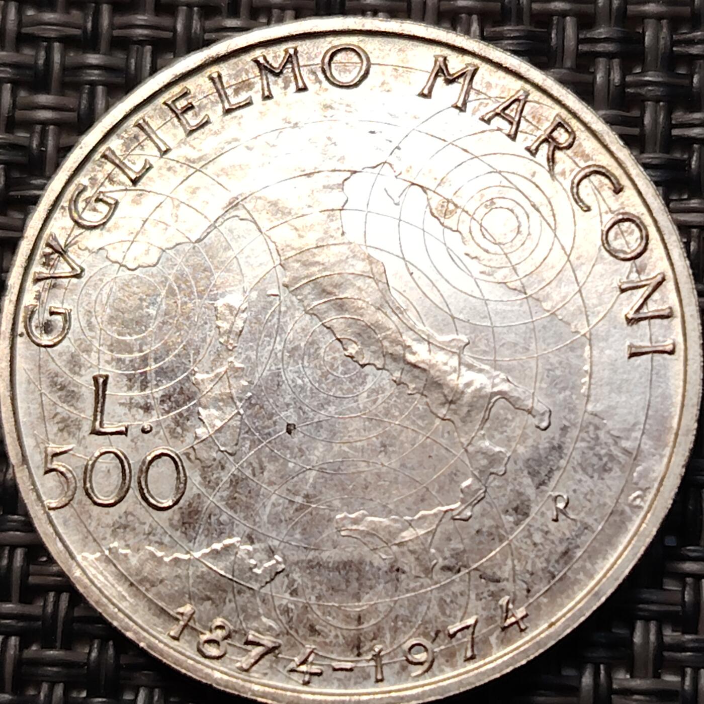 布加迪🐬～世界钱币(上海)🌾第 267 期 /  各国套币和散币 意大利🇮🇹 1974年 500里拉 无线电之父马克尼诞辰百年纪念银币 11g/29mm