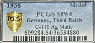 【德藏】世界币章拍卖第158期（拍品征集中~欢迎藏友联系） - 1938年 德国德国民族社会主义工人党党首与墨索里尼银章 PCGS SP64 少见品种 （原图请查询PCGS评级官网）