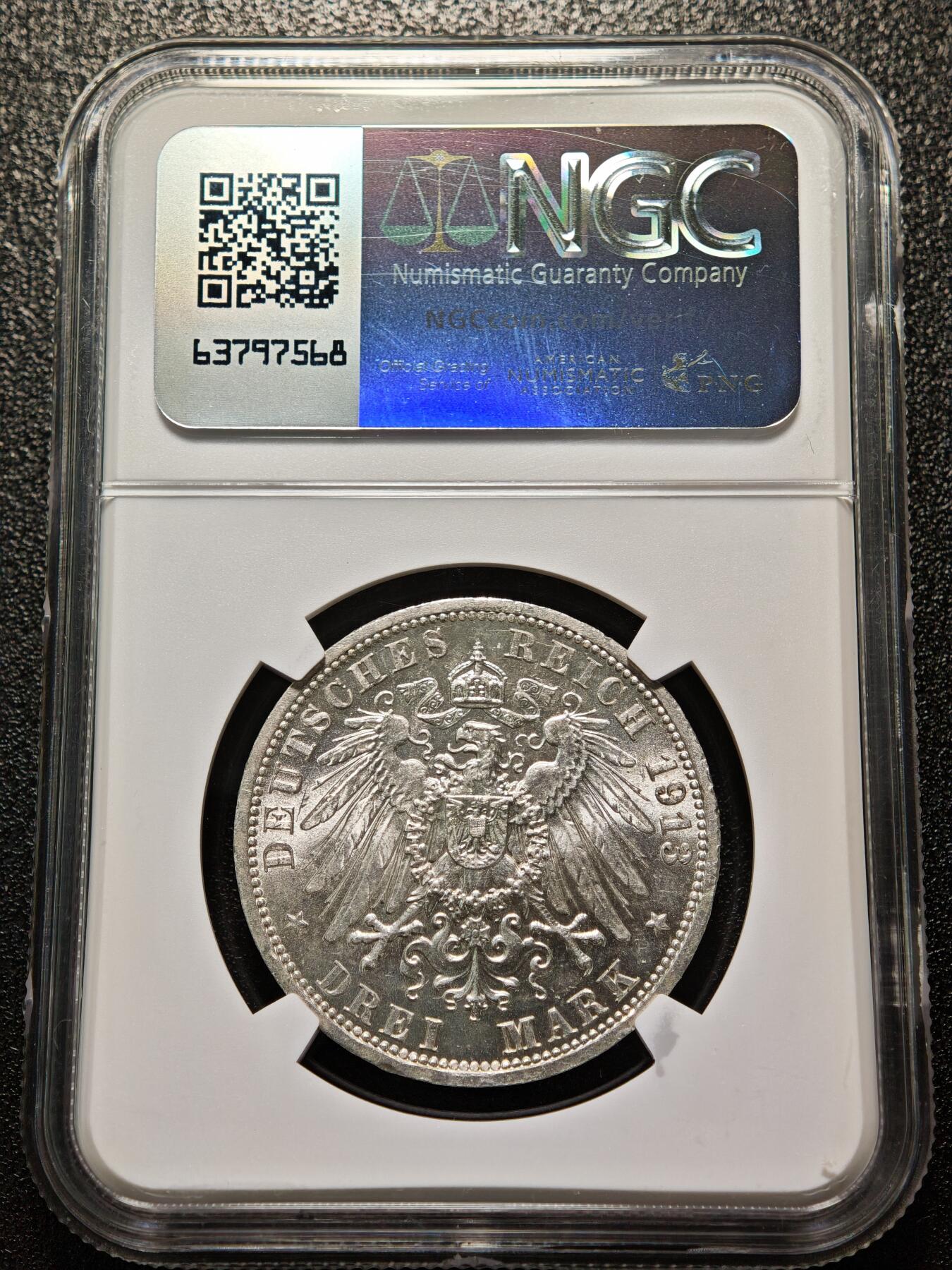 【德藏】世界币章拍卖第158期（拍品征集中~欢迎藏友联系） 1913年 德国普鲁士威廉二世军装3马克银币 NGC MS63 原光十足 转光极强