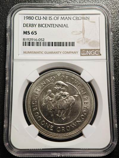 【德藏】世界币章拍卖第158期（拍品征集中~欢迎藏友联系） - 1980年 马恩岛德比赛马二百周年纪念1克朗纪念镍币 NGC MS65 原光十足