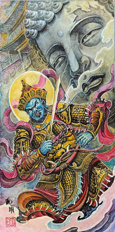 白泽拍卖卡牌手绘专场第30期（白金之夜 跨年大拍） - 2025 刘晓明手绘画 南方增长天王 尺寸：18.7cm*37.6cm 刘晓明亲签