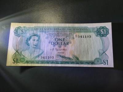 12月21号晚上8点 外国纸币自动截拍第75场 - 1974年 巴哈马1元 纸币 女王彩背 新品AU