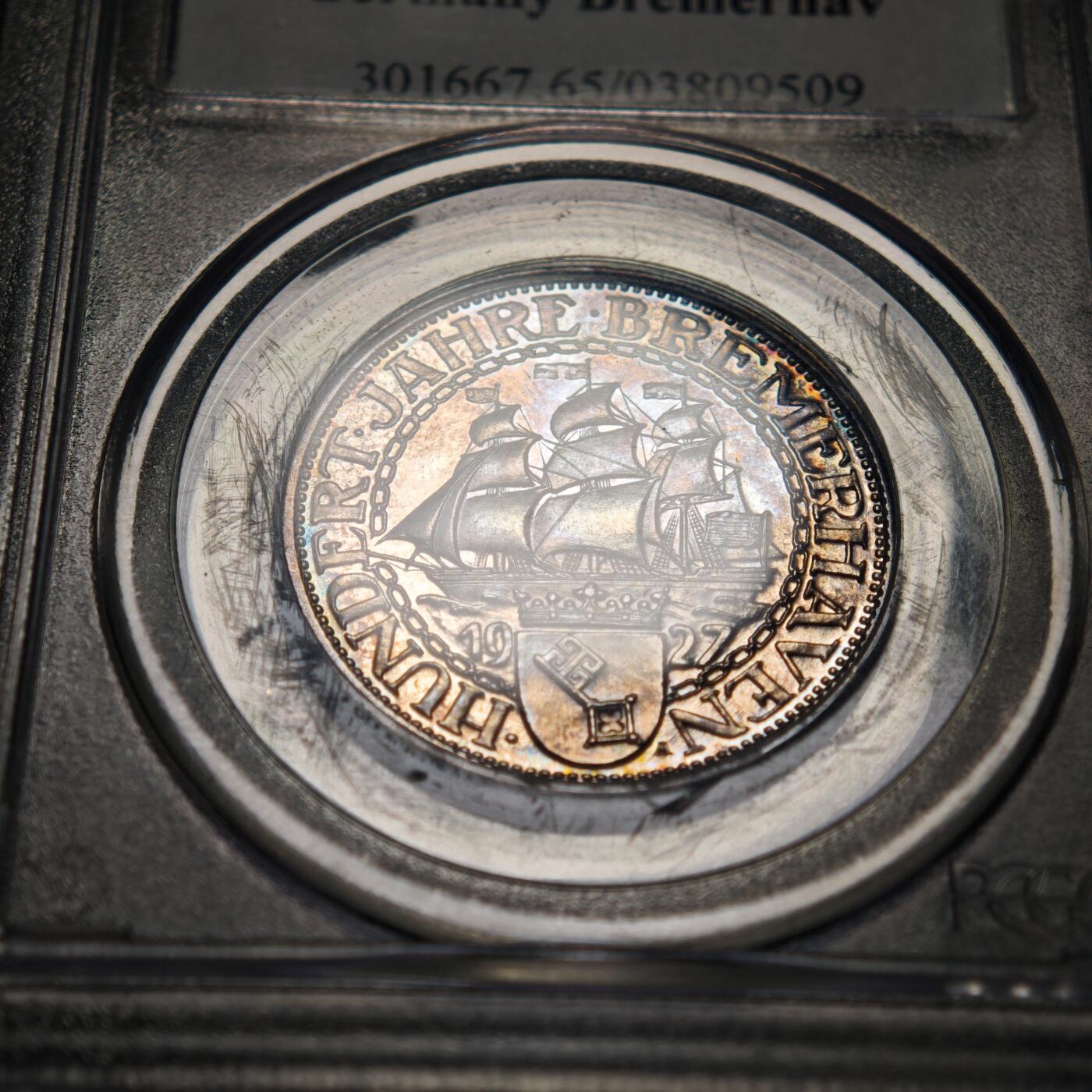 【德藏】世界币章拍卖第158期（拍品征集中~欢迎藏友联系） 1927年 德国魏玛不来梅港建港300周年纪念3马克精制银币 PCGS PR65 环彩包浆 状态极佳