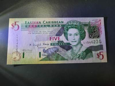 12月21号晚上8点 外国纸币自动截拍第75场 - 全新UNC 东加勒比 格林纳达（G标识）2003年5元
