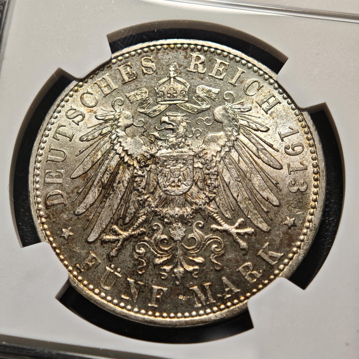 【德藏】世界币章拍卖第158期（拍品征集中~欢迎藏友联系） 1913年 德国巴伐利亚奥托5马克大银币 NGC MS62 原光十足 黄油包浆