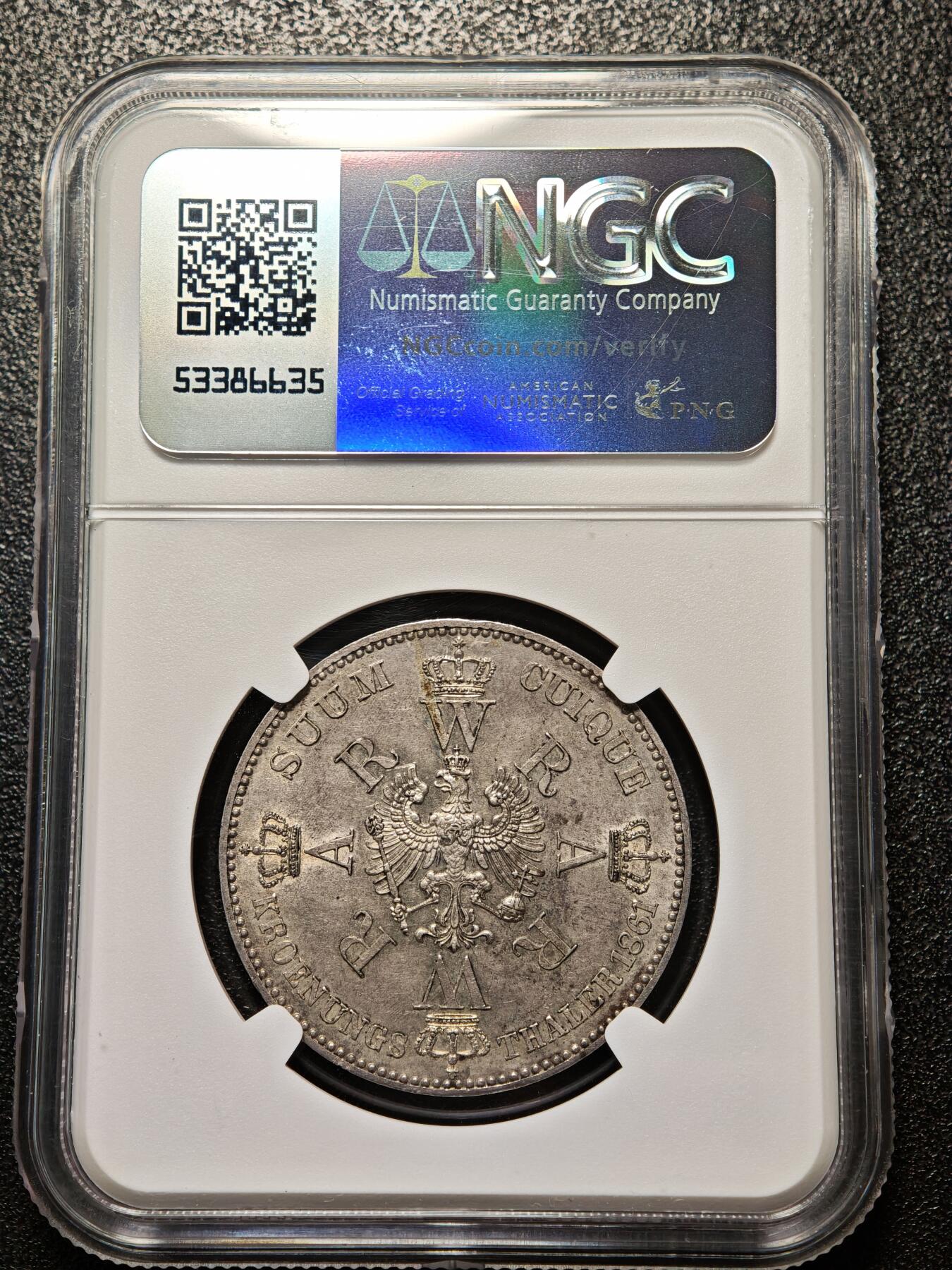【德藏】世界币章拍卖第158期（拍品征集中~欢迎藏友联系） 1861年 德国普鲁士威廉一世登基泰勒银币 毛衣泰勒 NGC MS62 老彩包浆 细节极强