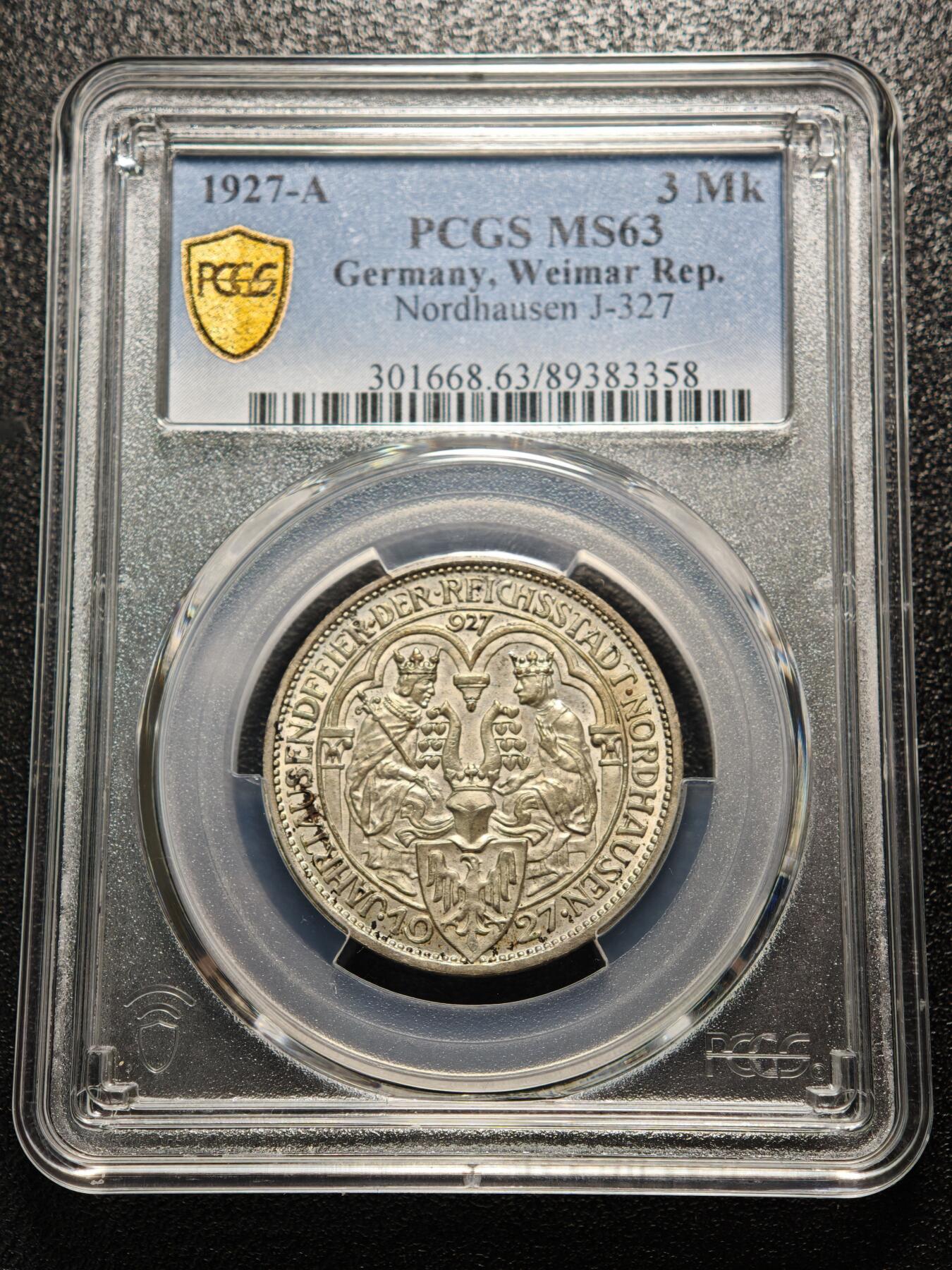 【德藏】世界币章拍卖第158期（拍品征集中~欢迎藏友联系） 1927年 德国魏玛诺德豪森建城千周年纪念3马克银币 PCGS MS63 稀少品种 淡黄油包浆