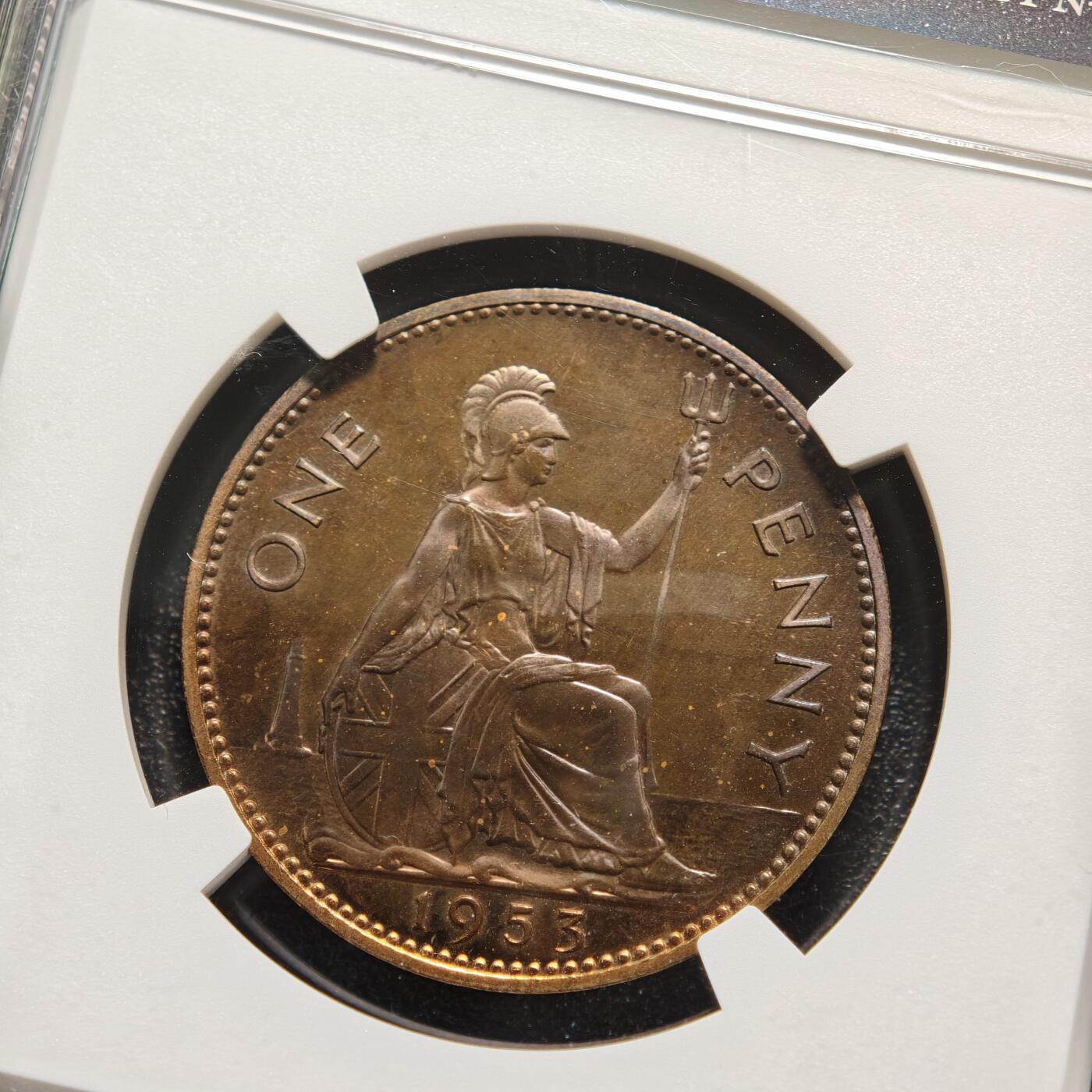 【德藏】世界币章拍卖第158期（拍品征集中~欢迎藏友联系） 1953年 英国伊丽莎白二世加冕版1便士精制铜币 NGC PF63RB 镜面感强