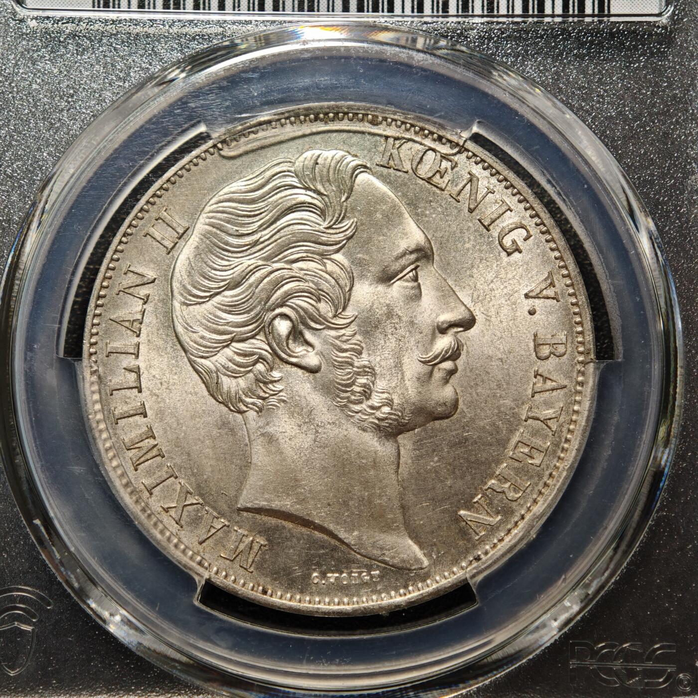 【德藏】世界币章拍卖第158期（拍品征集中~欢迎藏友联系） 1855年 德国巴伐利亚圣母抱婴2盾大银币 PCGS MS65 淡包浆 状态极佳 淡黄油包浆 观感极其漂亮