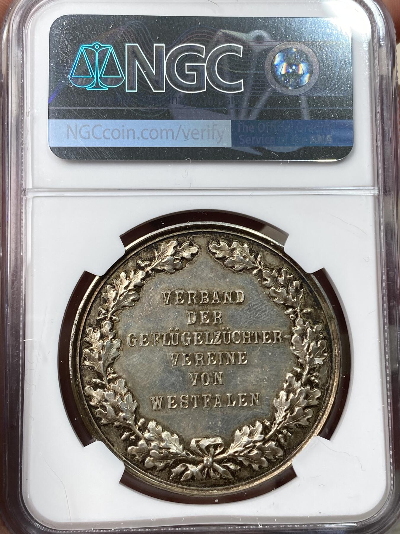 万国钱币拍卖第058期（万国新年大拍） NGC MS62 19世纪德国家禽类纪念大银章 罕见的出现了火鸡雕刻非常细腻到位 高浮雕原味环五彩包浆精美异常 