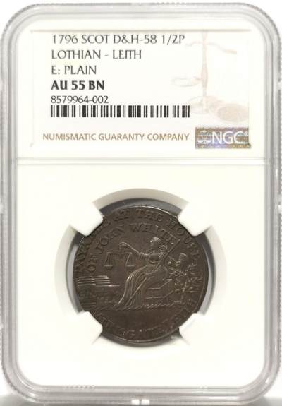 博洋堂世界钱币拍卖第154期（全场包邮） - NGC AU55BN 苏格兰1796年1/2便士商业代币，洛锡安地区-利斯港，由“约翰·怀特商号”发行