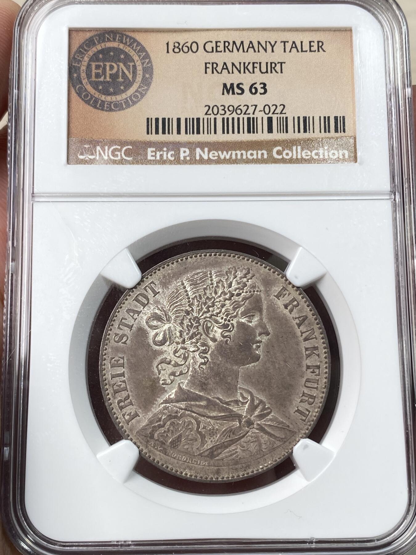 万国钱币拍卖第058期（万国新年大拍） NGC MS63 1860年德国法兰克福少女流通泰勒 无比均匀的厚重纸袋包浆 纽曼名家旧藏  可遇不可求的典藏级状态