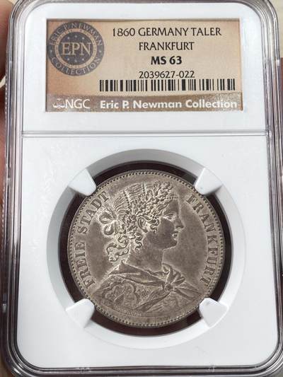 万国钱币拍卖第058期（万国新年大拍） - NGC MS63 1860年德国法兰克福少女流通泰勒 无比均匀的厚重纸袋包浆 纽曼名家旧藏  可遇不可求的典藏级状态