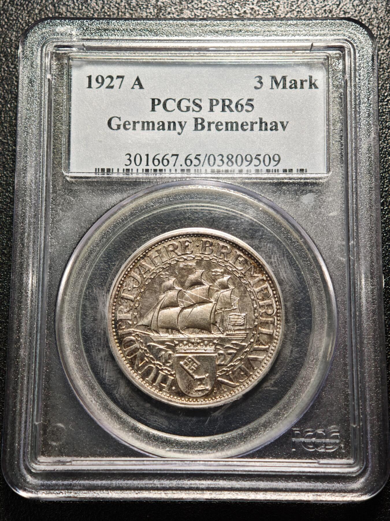 【德藏】世界币章拍卖第158期（拍品征集中~欢迎藏友联系） 1927年 德国魏玛不来梅港建港300周年纪念3马克精制银币 PCGS PR65 环彩包浆 状态极佳