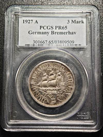 【德藏】世界币章拍卖第158期（拍品征集中~欢迎藏友联系） - 1927年 德国魏玛不来梅港建港300周年纪念3马克精制银币 PCGS PR65 环彩包浆 状态极佳