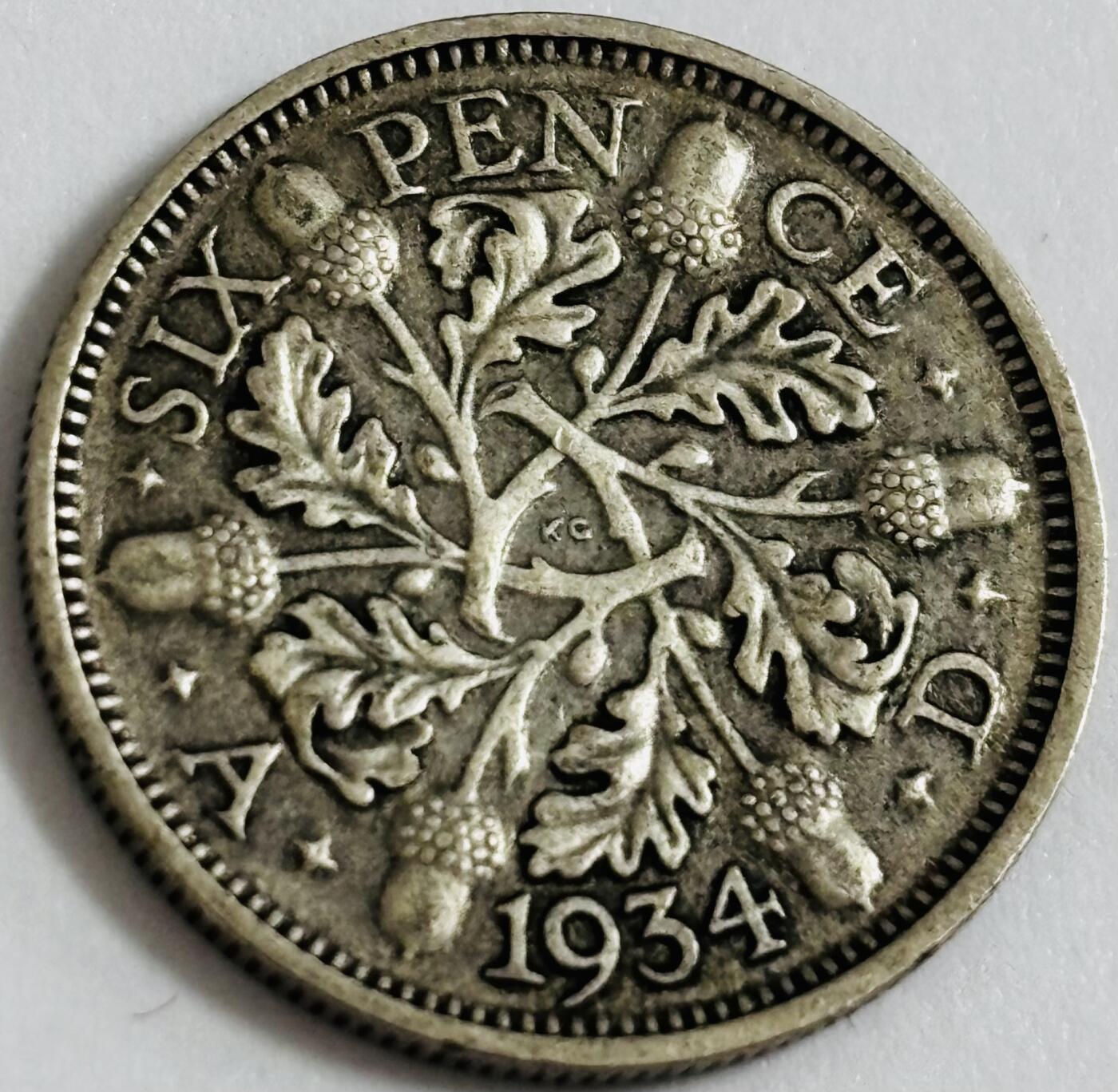 文馨钱币收藏第 286 场，圣诞节专场【 长期接收代拍品低至 0 佣金】 极美品 1934 年英国乔治五世 6 便士银币