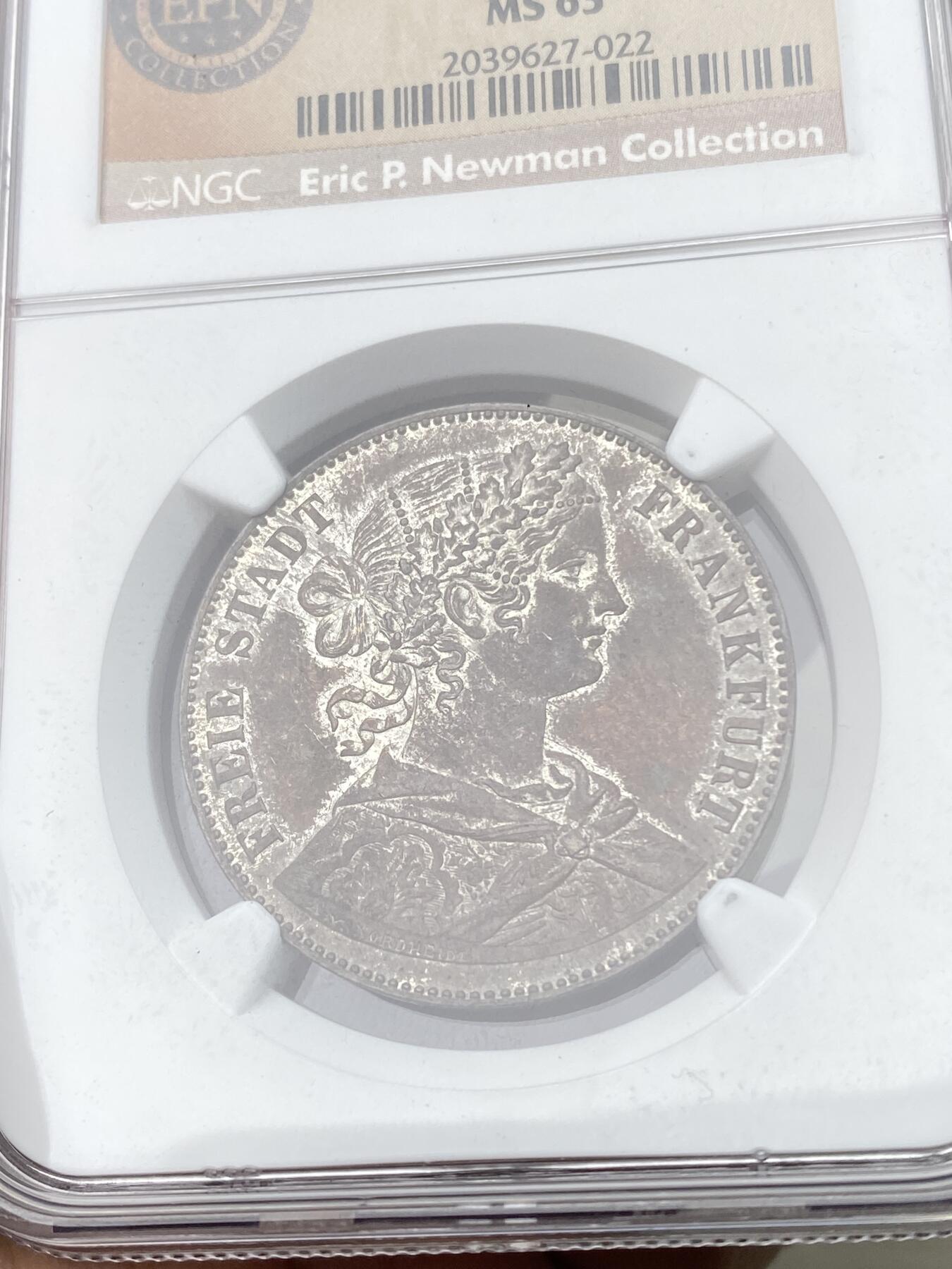 万国钱币拍卖第058期（万国新年大拍） NGC MS63 1860年德国法兰克福少女流通泰勒 无比均匀的厚重纸袋包浆 纽曼名家旧藏  可遇不可求的典藏级状态