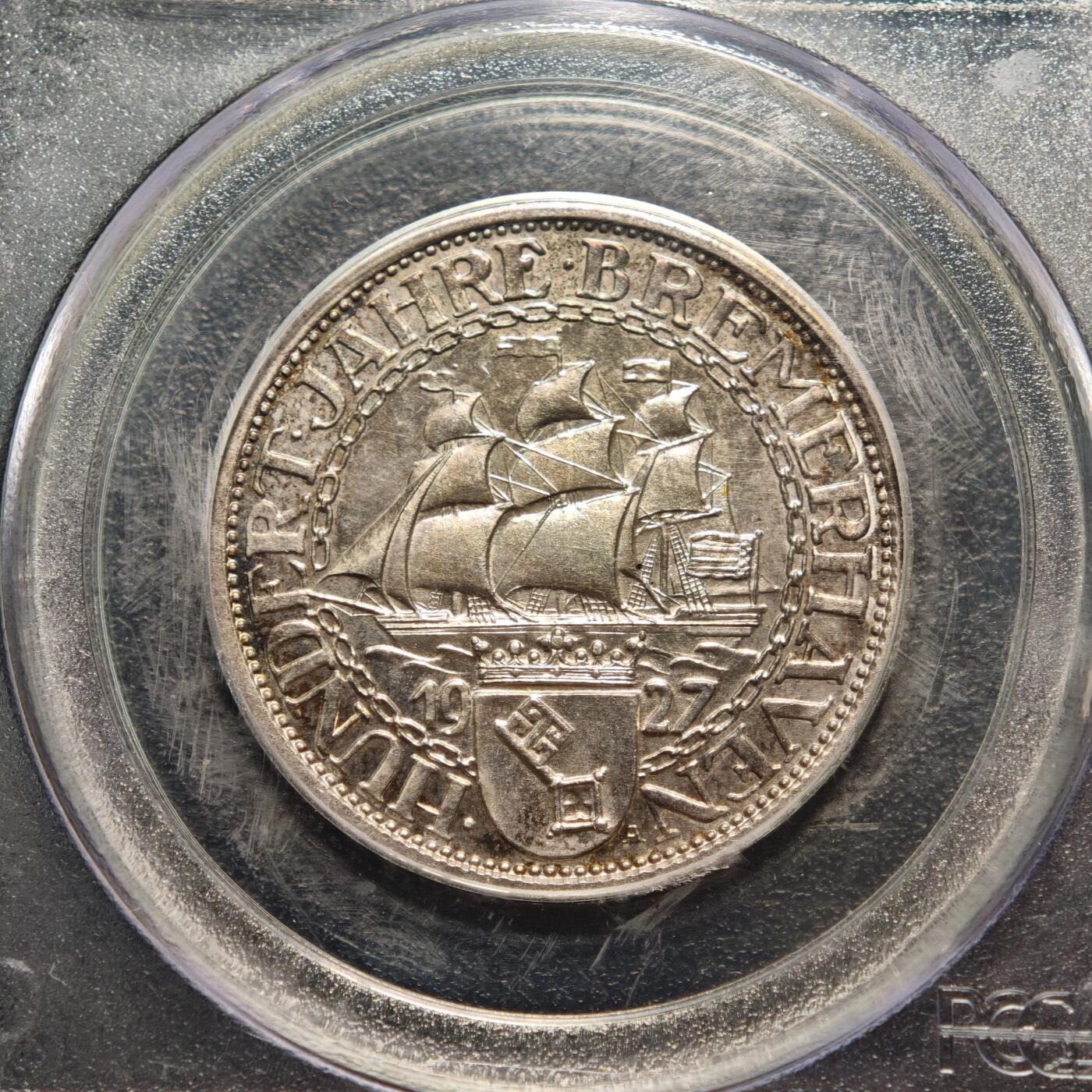 【德藏】世界币章拍卖第158期（拍品征集中~欢迎藏友联系） 1927年 德国魏玛不来梅港建港300周年纪念3马克精制银币 PCGS PR65 环彩包浆 状态极佳