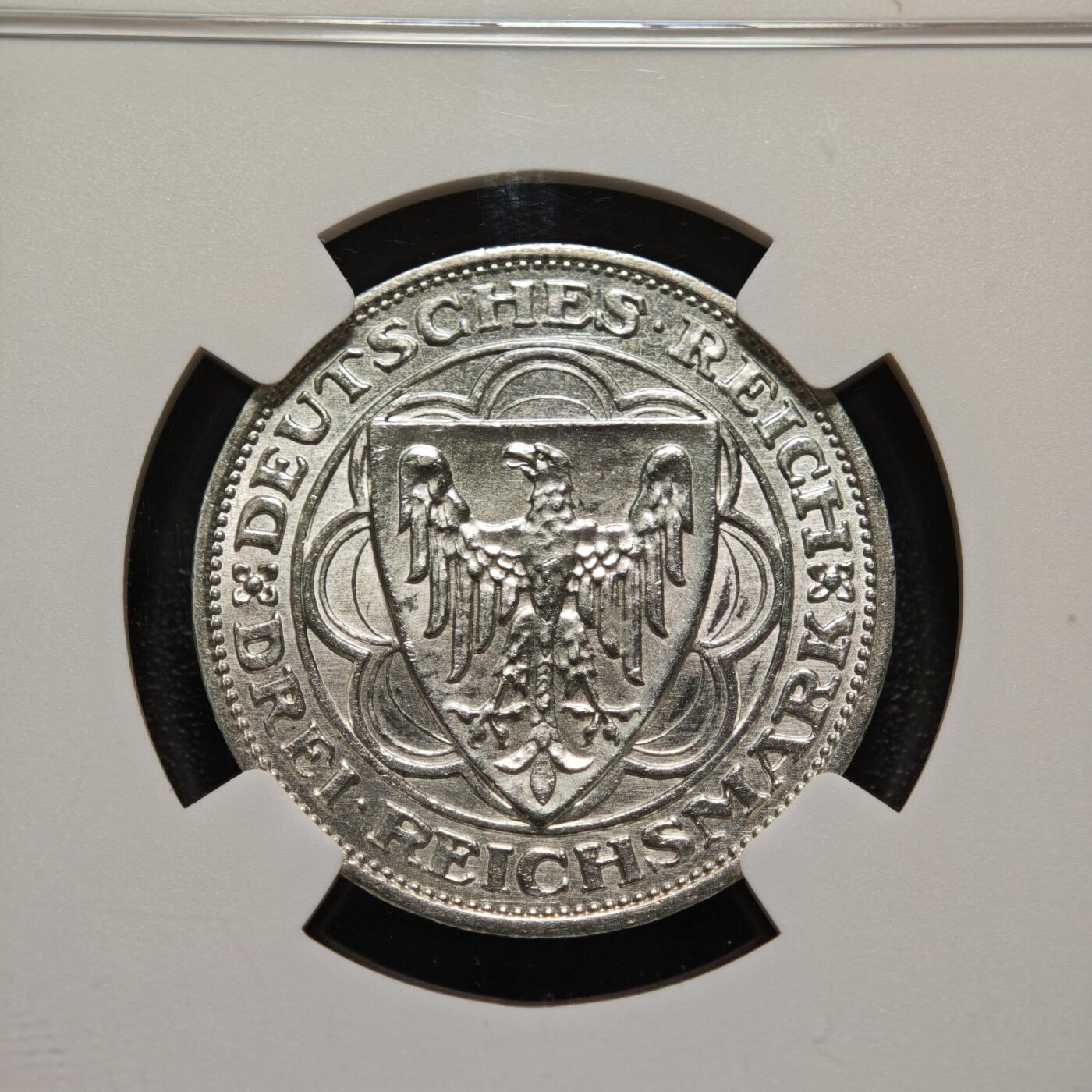 【德藏】世界币章拍卖第158期（拍品征集中~欢迎藏友联系） 1927年 德国魏玛不来梅港建港300周年纪念3马克银币 NGC MS63 原光十足 状态极佳