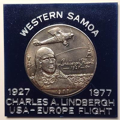 布加迪🐬～世界钱币(上海)🌾第 267 期 /  各国套币和散币 - 西萨摩亚 1977年 1元 横跨大西洋飞行员纪念币38mm
