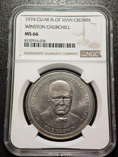 【德藏】世界币章拍卖第158期 - 1974年 马恩岛丘吉尔诞辰百年纪念1克朗纪念镍币 NGC MS66 状态极佳