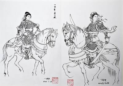 白泽拍卖卡牌手绘专场第30期（白金之夜 跨年大拍） - 2021 胡洪手绘画 2张 扈三娘 A4 胡洪亲签 钤印