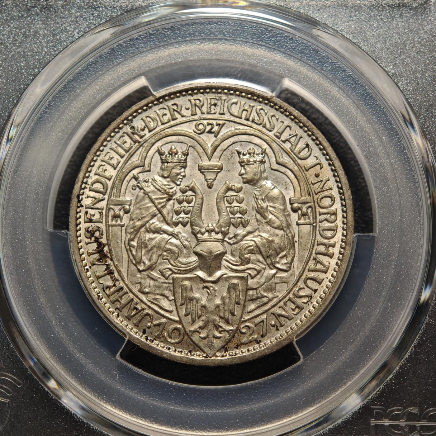 【德藏】世界币章拍卖第158期（拍品征集中~欢迎藏友联系） 1927年 德国魏玛诺德豪森建城千周年纪念3马克银币 PCGS MS63 稀少品种 淡黄油包浆