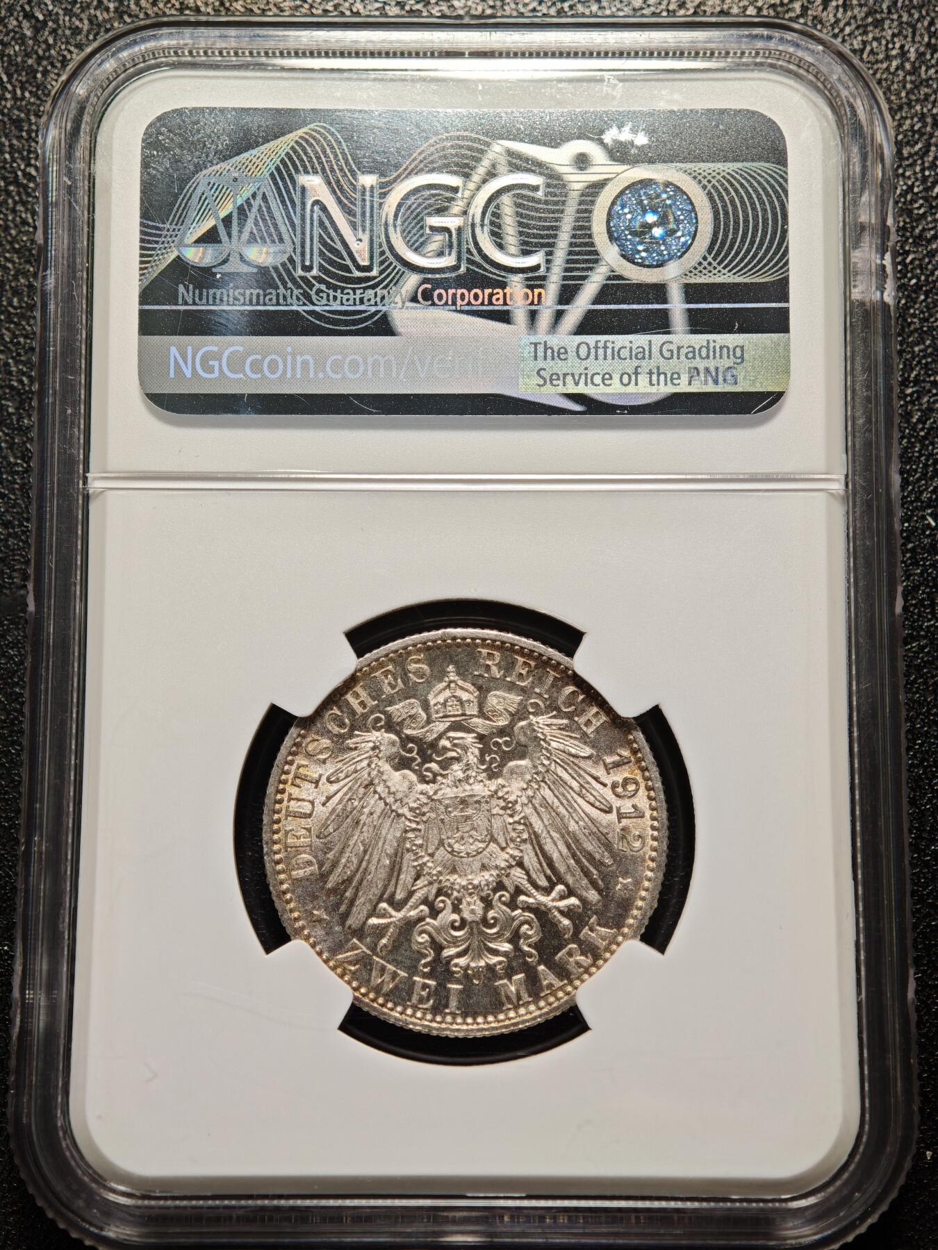 【德藏】世界币章拍卖第158期（拍品征集中~欢迎藏友联系） 1912年 德国符腾堡威廉二世2马克银币 NGC MS65 原光十足 转光极强