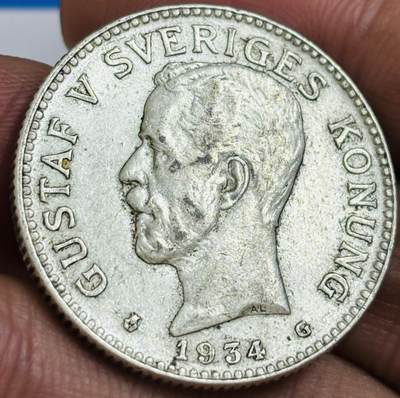 文馨钱币收藏第 286 场，圣诞节专场【 长期接收代拍品低至 0 佣金】 - 带光极美品 1934 年瑞典古斯塔夫五世 2 克朗大银币，第一版 800 银