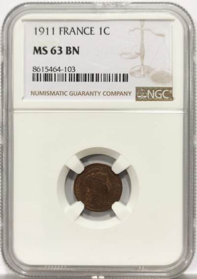 博洋堂世界钱币拍卖第154期（全场包邮） - NGC MS63BN 法国1911年玛丽安娜1分铜币，正面上方有磕损