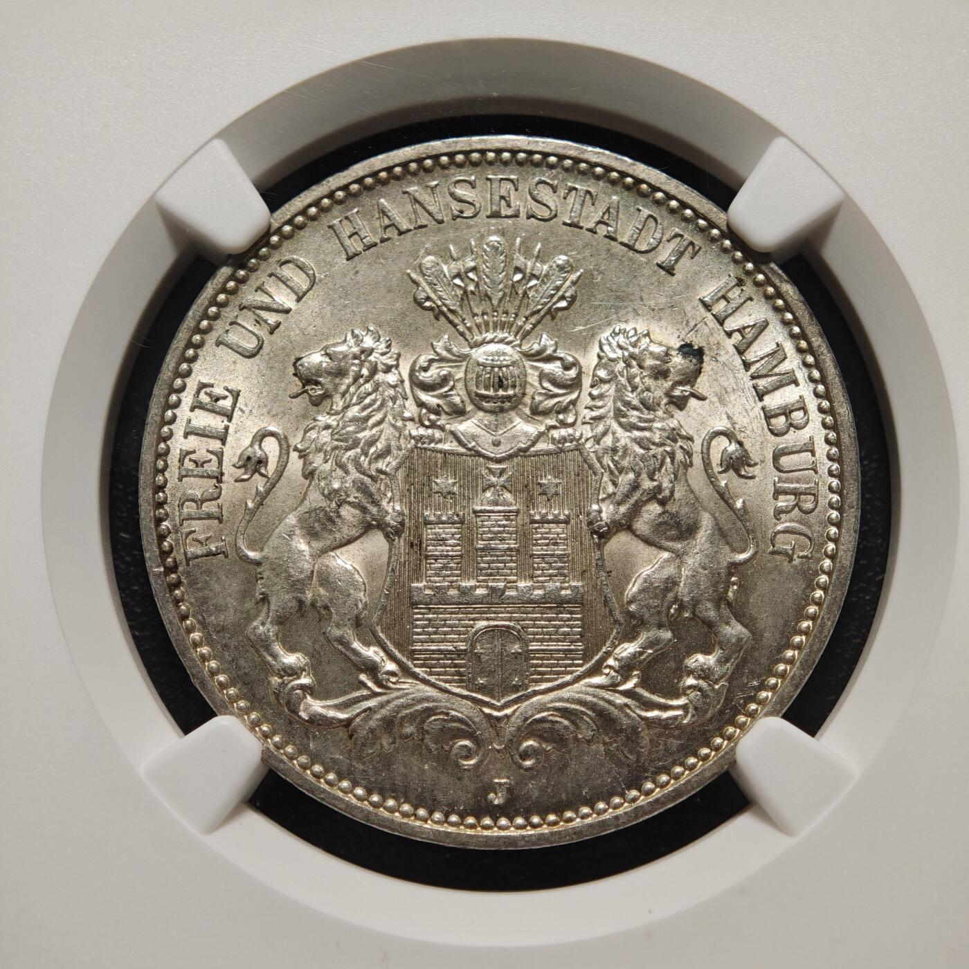 【德藏】世界币章拍卖第158期（拍品征集中~欢迎藏友联系） 1909年 德国汉堡3马克银币 NGC MS64 转光十足 品相极佳