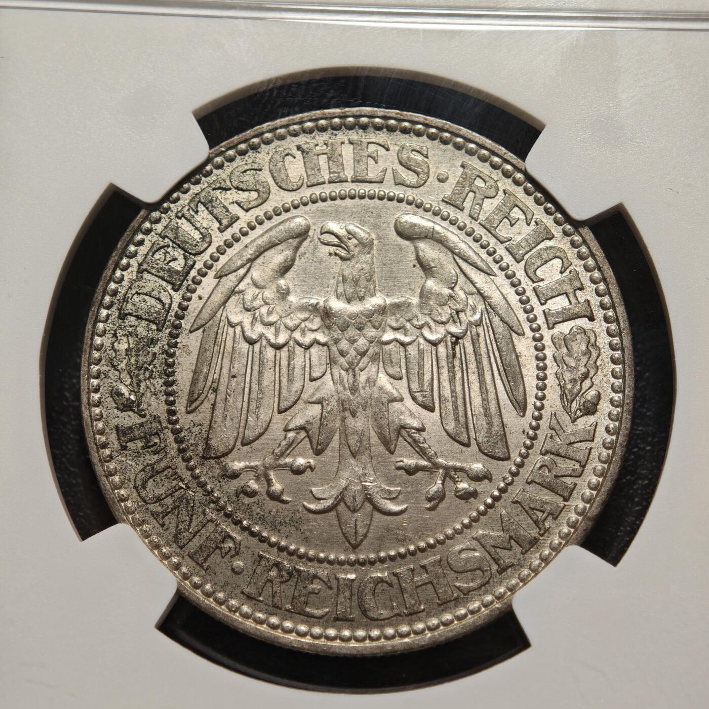 【德藏】世界币章拍卖第158期（拍品征集中~欢迎藏友联系） 1929年 德国魏玛橡树5马克大银币 NGC MS64 状态极佳