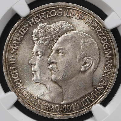 修遠堂世界钱币第九十八期 - NGC MS63 1914年德国安哈尔特 - 德绍公国“腓特烈二世与玛丽公主银婚纪念” 3马克银币