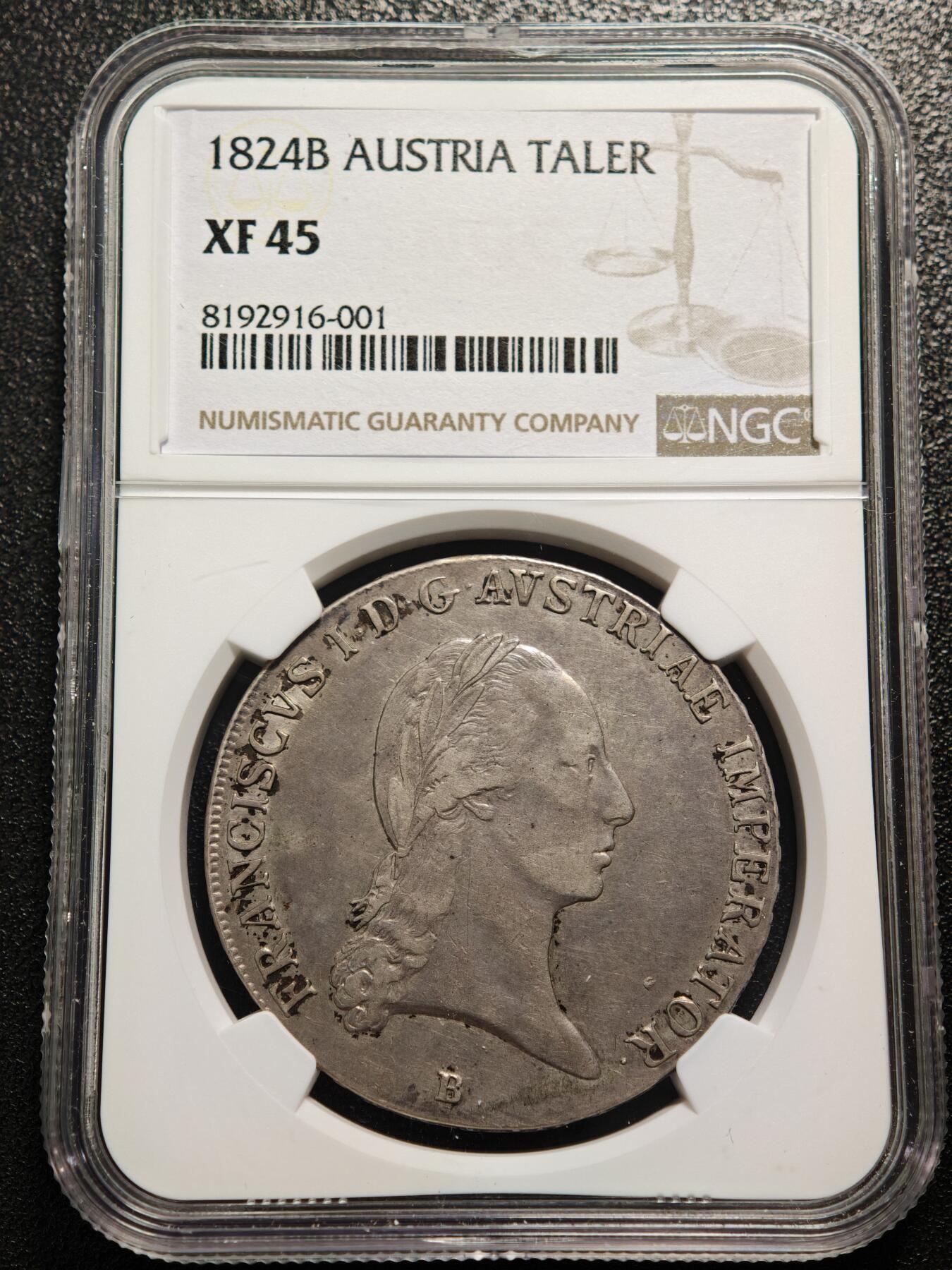 【德藏】世界币章拍卖第158期（拍品征集中~欢迎藏友联系） 1824年 奥地利弗朗茨一世双鹰泰勒大银币 NGC XF45 原味包浆 好状态