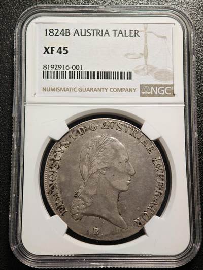 【德藏】世界币章拍卖第158期（拍品征集中~欢迎藏友联系） - 1824年 奥地利弗朗茨一世双鹰泰勒大银币 NGC XF45 原味包浆 好状态