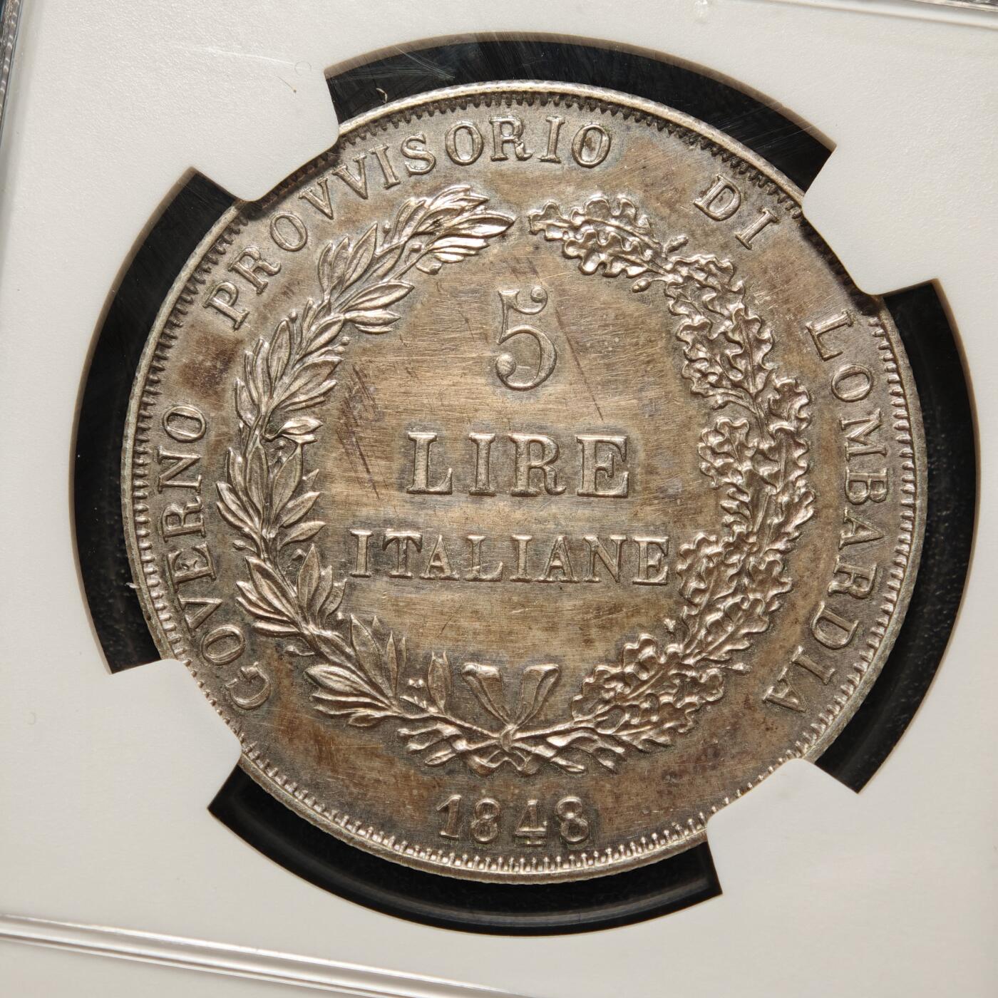 【德藏】世界币章拍卖第158期（拍品征集中~欢迎藏友联系） 1848年 意大利伦巴第临时政府5里拉大银币 NGC UNC 细节完整