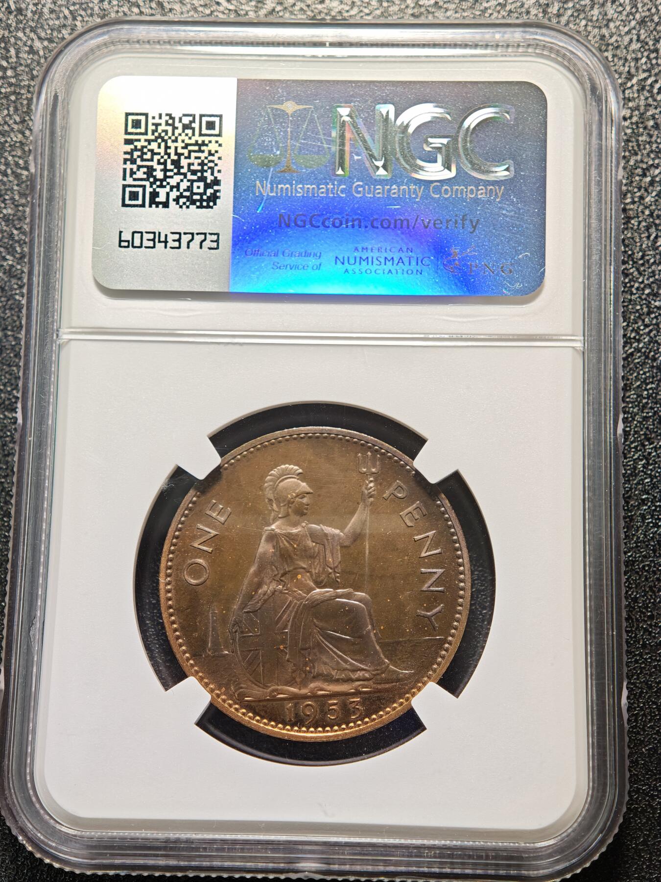 【德藏】世界币章拍卖第158期（拍品征集中~欢迎藏友联系） 1953年 英国伊丽莎白二世加冕版1便士精制铜币 NGC PF63RB 镜面感强