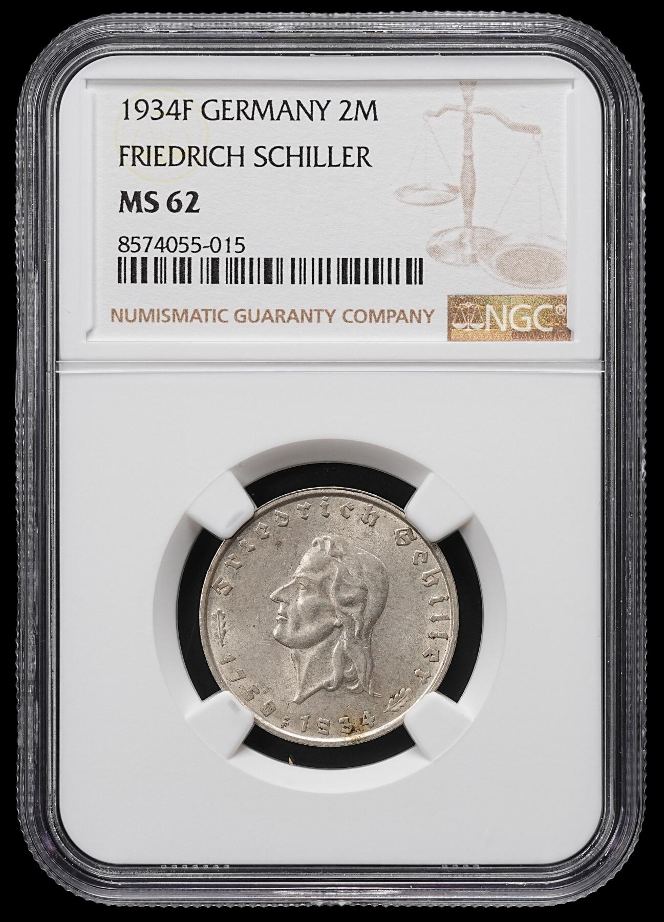 修遠堂世界钱币第九十八期 NGC MS62 1934年德三-席勒诞辰175周年纪念2马克银币