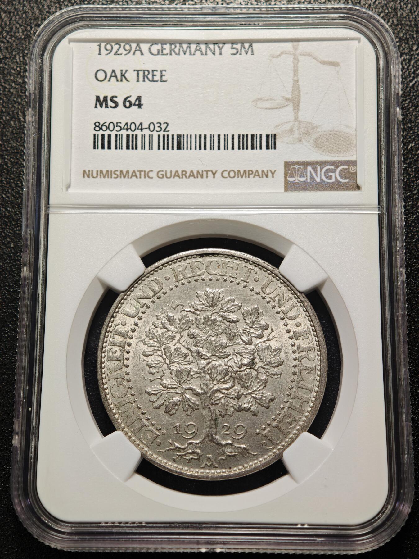 【德藏】世界币章拍卖第158期（拍品征集中~欢迎藏友联系） 1929年 德国魏玛橡树5马克大银币 NGC MS64 状态极佳