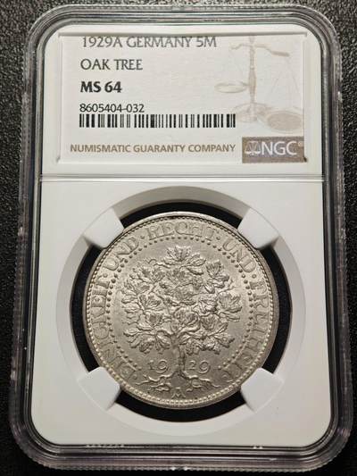 【德藏】世界币章拍卖第158期（拍品征集中~欢迎藏友联系） - 1929年 德国魏玛橡树5马克大银币 NGC MS64 状态极佳