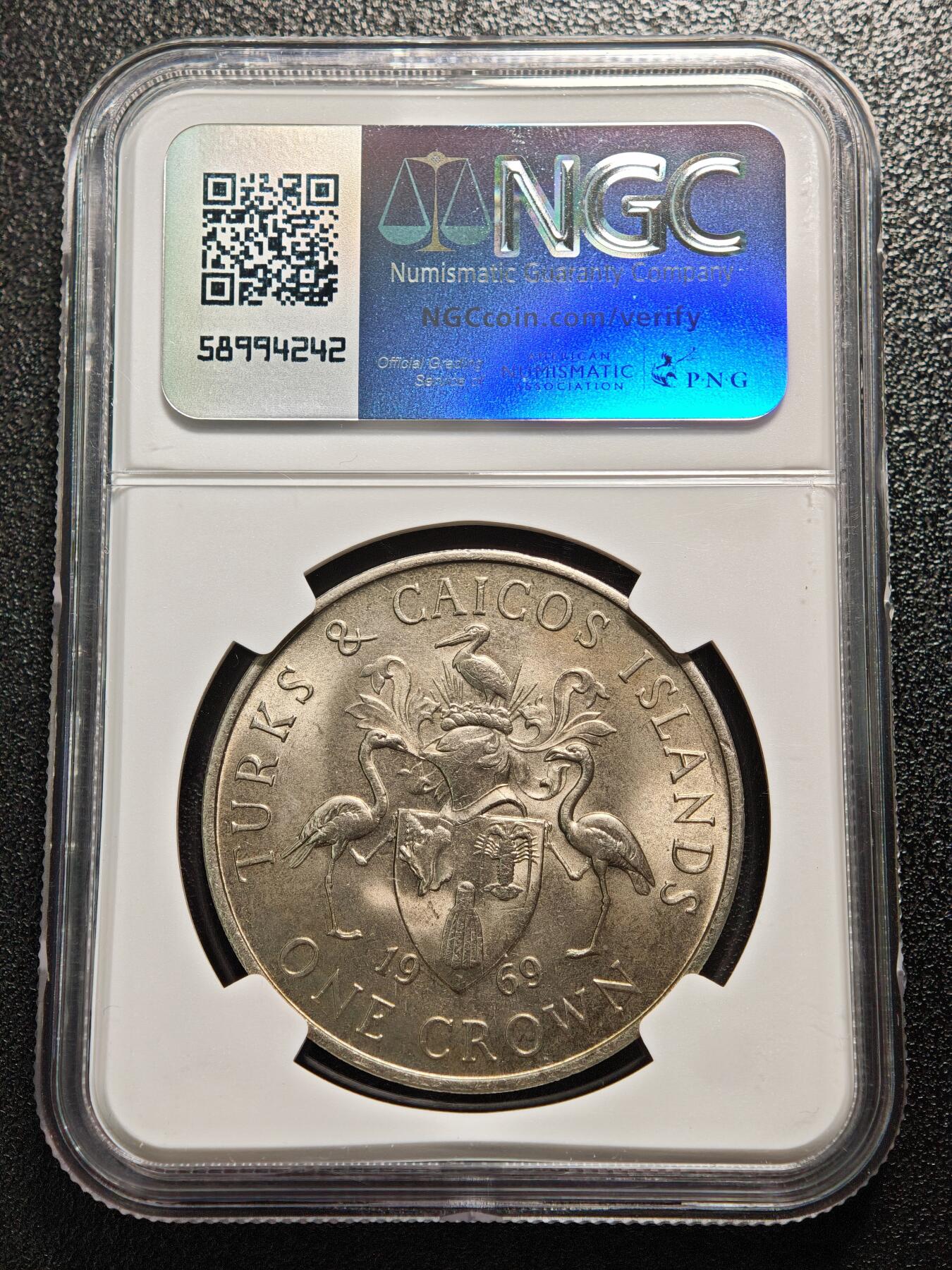 【德藏】世界币章拍卖第158期（拍品征集中~欢迎藏友联系） 1969年 特克斯和凯科斯群岛伊丽莎白二世1克朗纪念镍币 NGC MS65 原光十足