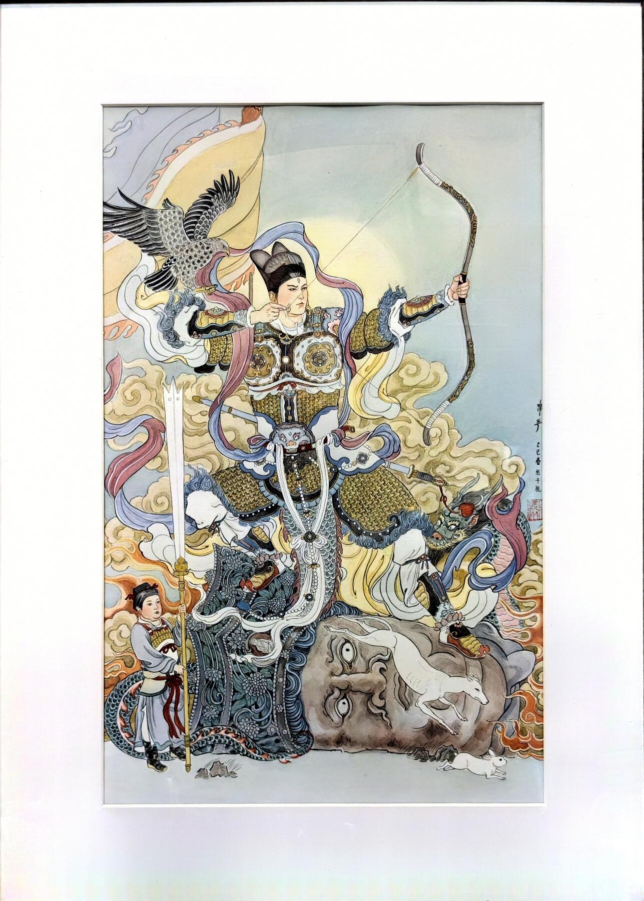 白泽拍卖卡牌手绘专场第30期（白金之夜 跨年大拍） 2025 非严手绘画 二郎神杨戬 已装裱 尺寸：内33.5cm*53.5cm 外53.5cm*73cm 非严亲签