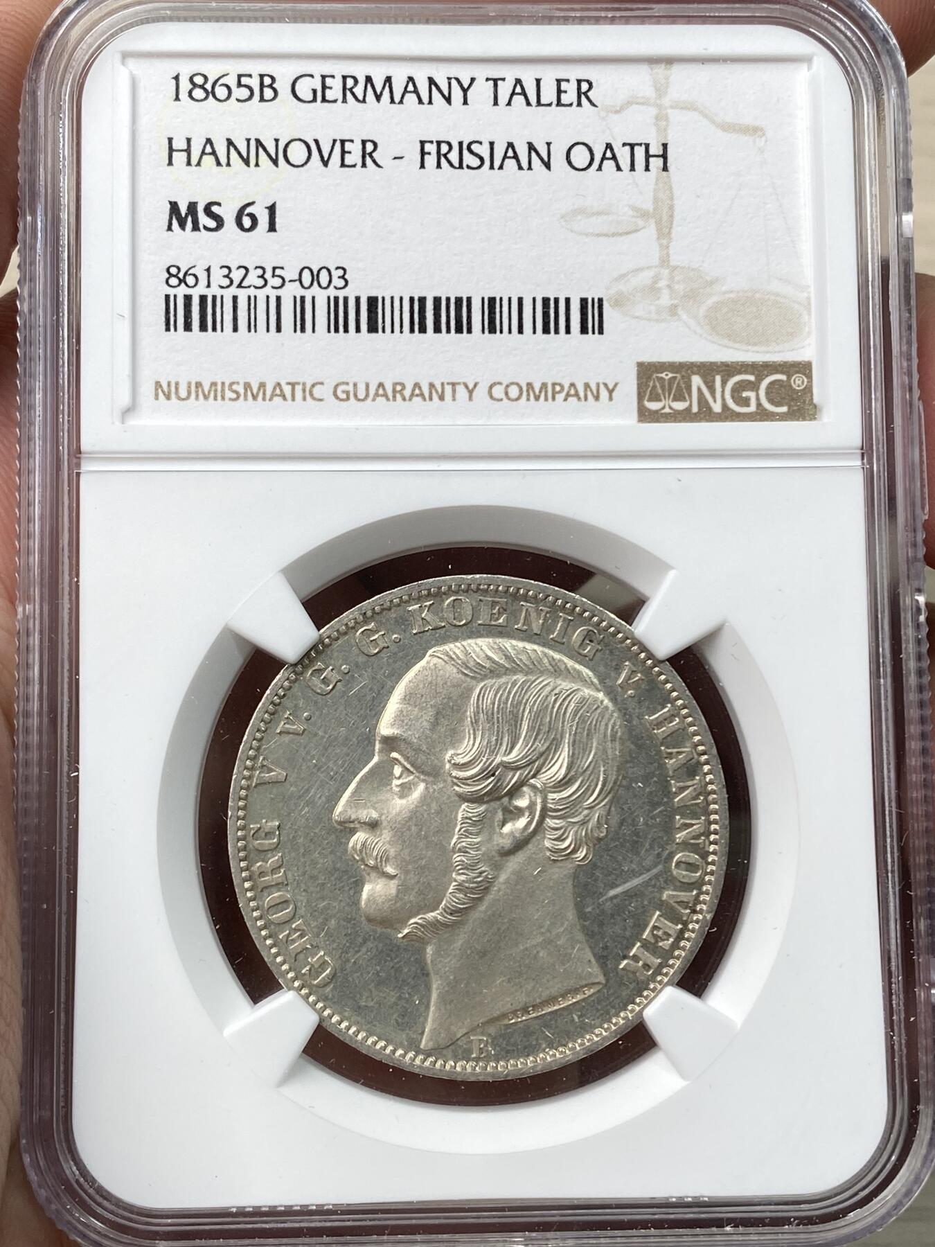 万国钱币拍卖第058期（万国新年大拍） NGC MS61 1865年德国汉诺威弗里斯兰橡树箴言泰勒 仅发行2000枚的联合泰勒大名誉品 高点状态锋利无比 类镜面喷砂质感