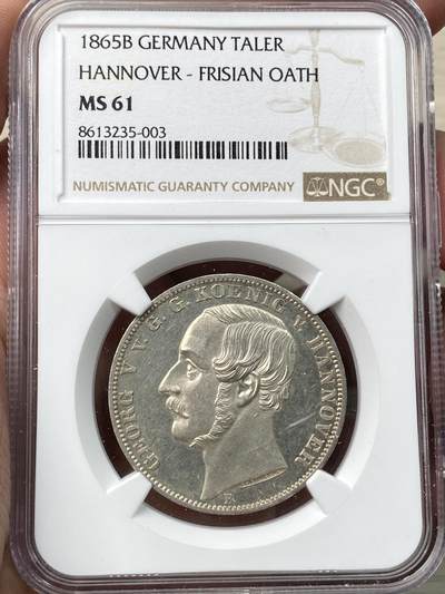 万国钱币拍卖第058期（万国新年大拍） - NGC MS61 1865年德国汉诺威弗里斯兰橡树箴言泰勒 仅发行2000枚的联合泰勒大名誉品 高点状态锋利无比 类镜面喷砂质感