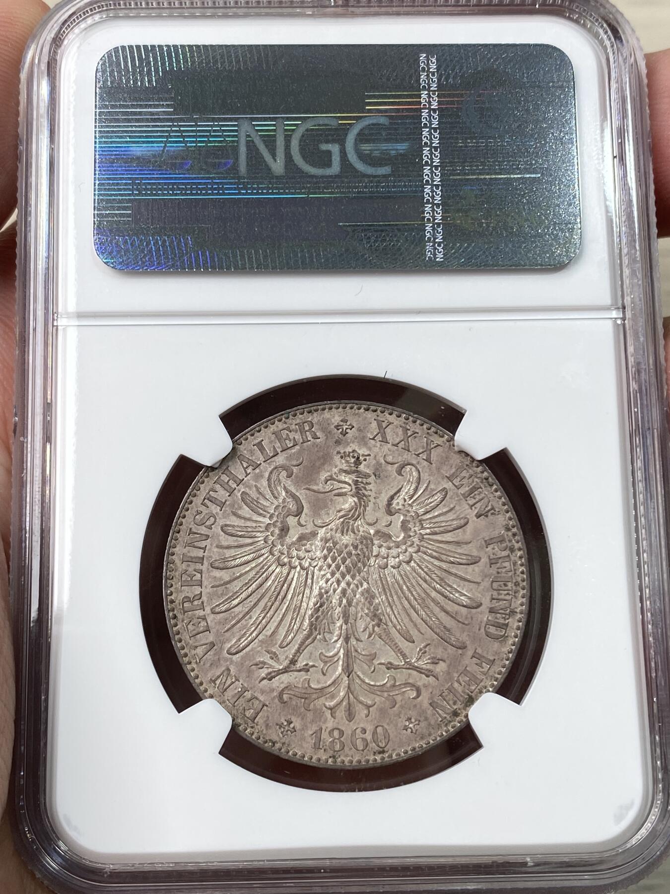 万国钱币拍卖第058期（万国新年大拍） NGC MS63 1860年德国法兰克福少女流通泰勒 无比均匀的厚重纸袋包浆 纽曼名家旧藏  可遇不可求的典藏级状态