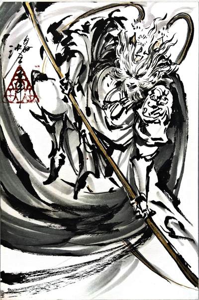 白泽拍卖卡牌手绘专场第30期（白金之夜 跨年大拍） - 2025 沈鑫手绘卡 大圣 尺寸：9.8cm*14.7cm  沈鑫亲签