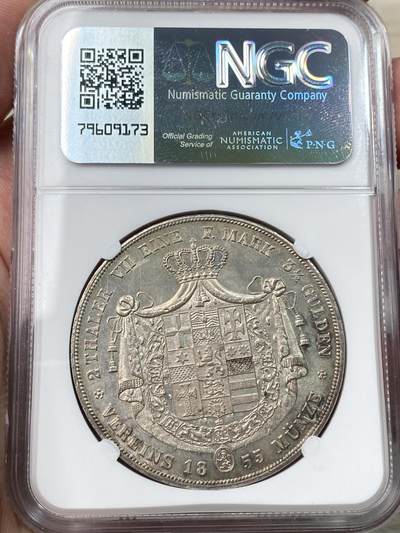 万国钱币拍卖第058期（万国新年大拍） NGC MS62 1855年德国黑森-卡塞尔选侯国威廉一世CP大窗帘流通2泰勒 好品难度极大的德系小邦品种 NGC唯二冠军分 全深打纹章细节纤毫毕现 原味青灰包浆转光底板