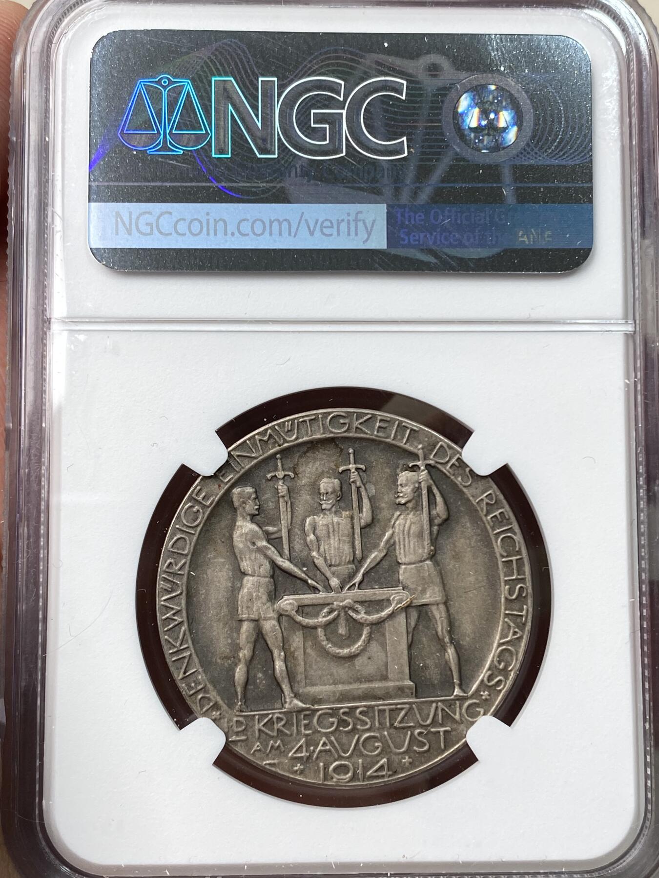 万国钱币拍卖第058期（万国新年大拍） NGC MS63 1914年德国一战开战纪念银章 正面同盟国德意志、奥匈帝国和奥斯曼帝国 形象化双鹰为德奥 鸡狗熊为法英俄 MATTE磨砂工艺名誉品种