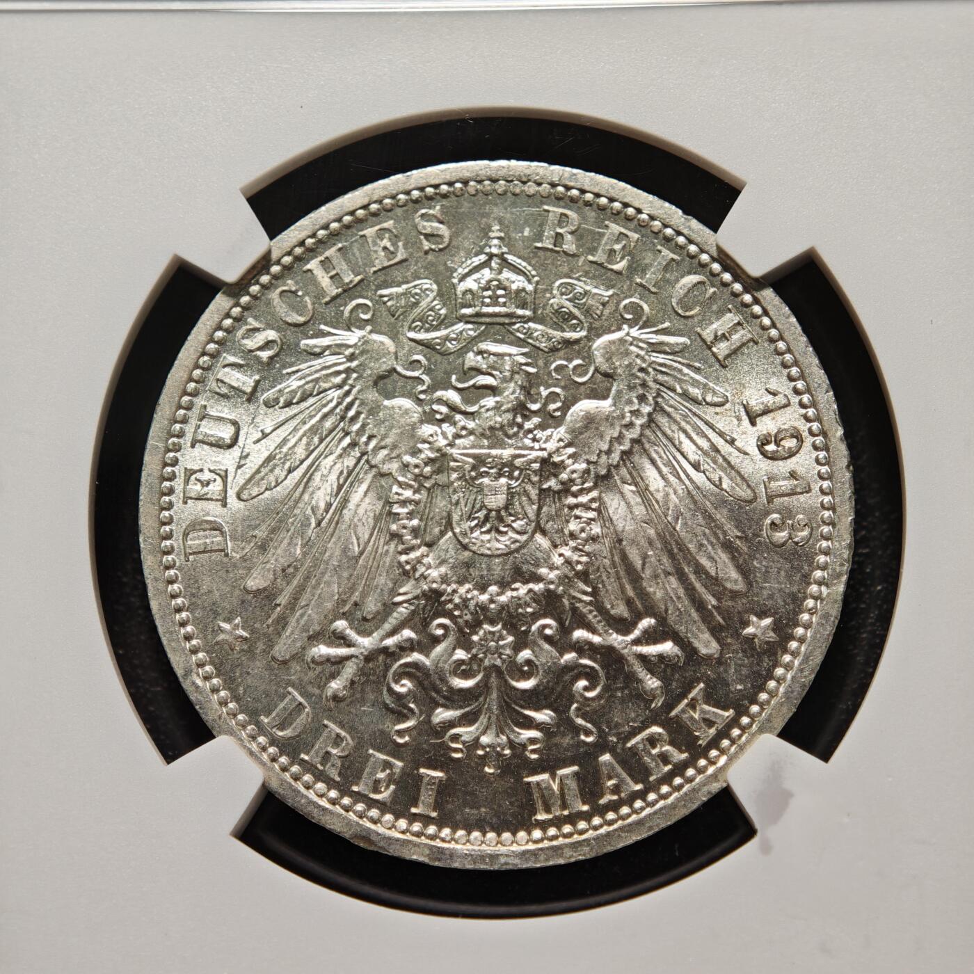 【德藏】世界币章拍卖第158期（拍品征集中~欢迎藏友联系） 1913年 德国普鲁士威廉二世军装3马克银币 NGC MS63 原光十足 转光极强